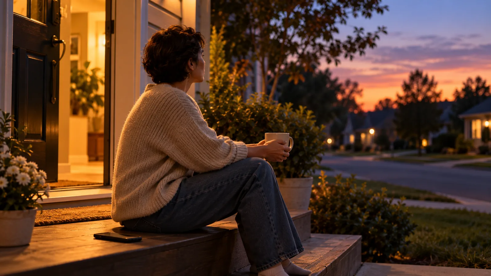 A person sitting on the front step at dusk with a mug, the door open behind them