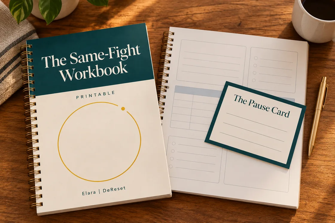 The Same-Fight Workbook, printable, shown closed and open with the Pause Card on top